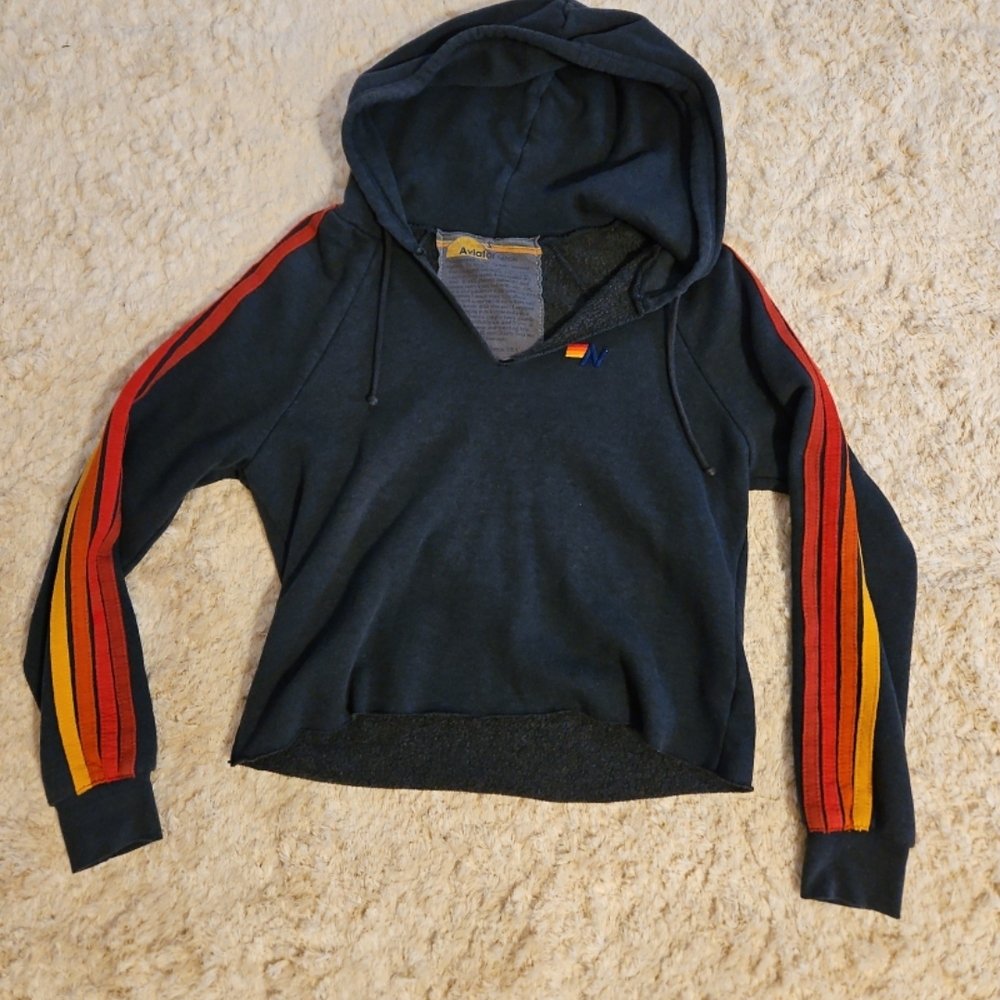 Aviator Nation 5 Stripe Cropped Navy Hoodie